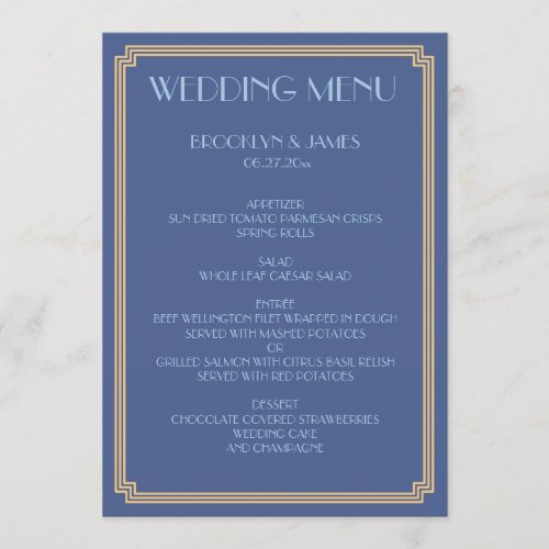 Great Gatsby Art Deco Gold Blue Wedding Menu