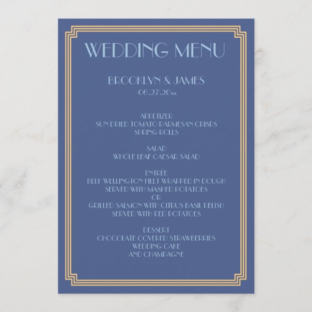 Great Gatsby Art Deco Gold Blue Wedding Menu (Front)