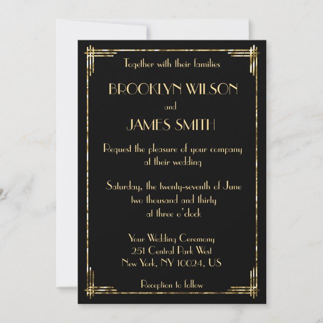 Great Gatsby Art Deco Gold Foil Wedding Invites (Front)