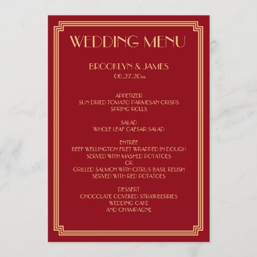 Great Gatsby Art Deco Gold Red Wedding Menu