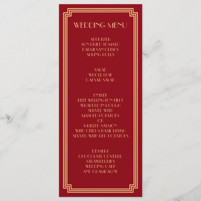 Great Gatsby Art Deco Gold Red Wedding Menu (Front)