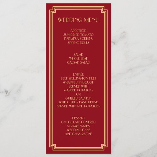 Great Gatsby Art Deco Gold Red Wedding Menu