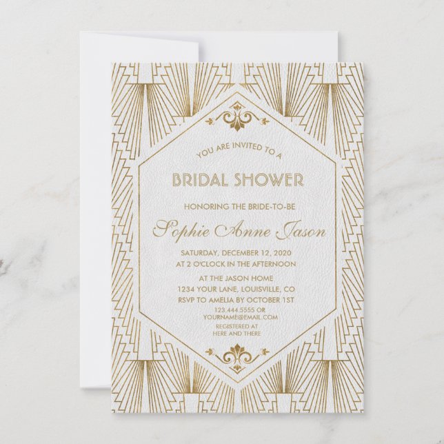 Great Gatsby Art Deco Gold White Bridal Shower Invitation (Front)
