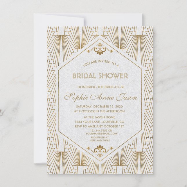 Great Gatsby Art Deco Gold White Bridal Shower Invitation (Front)