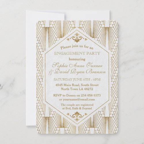 Great Gatsby Art Deco Gold White Engagement Party Invitation