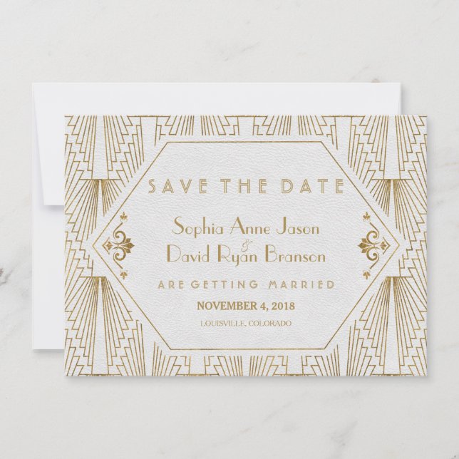 Great Gatsby Art Deco Gold White Save The Date (Front)