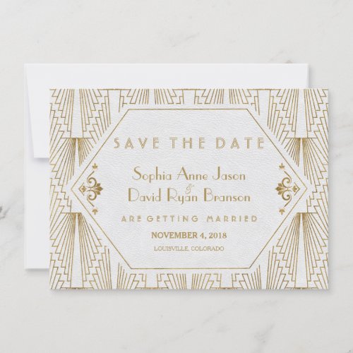 Great Gatsby Art Deco Gold White Save The Date
