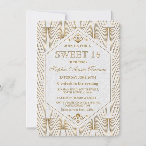 Great Gatsby Art Deco Gold White Sweet 16 Invite