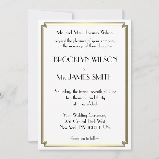 Great Gatsby Art Deco Gold White Wedding Invites (Front)