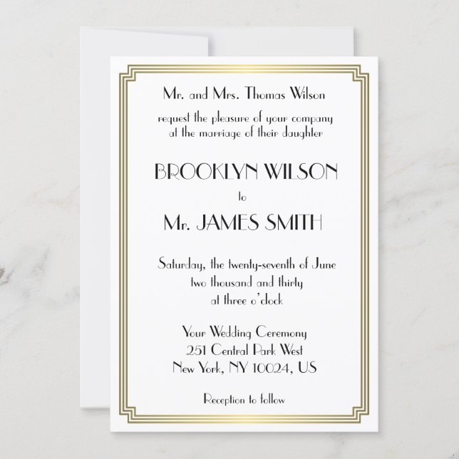 Great Gatsby Art Deco Gold White Wedding Invites (Front)