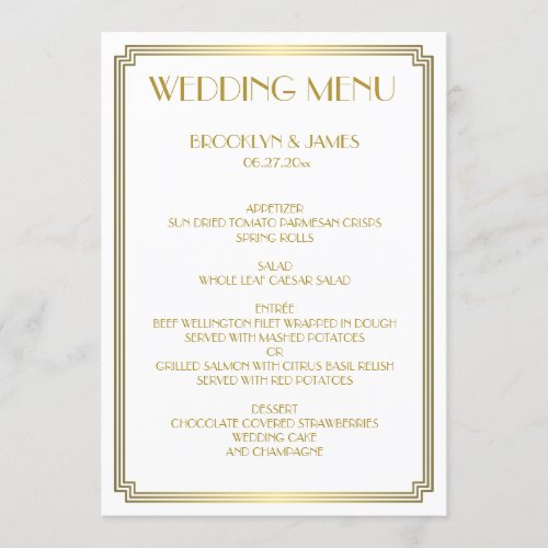 Great Gatsby Art Deco Gold White Wedding Menu