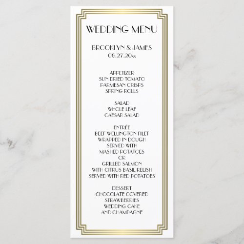 Great Gatsby Art Deco Gold White Wedding Menu Card