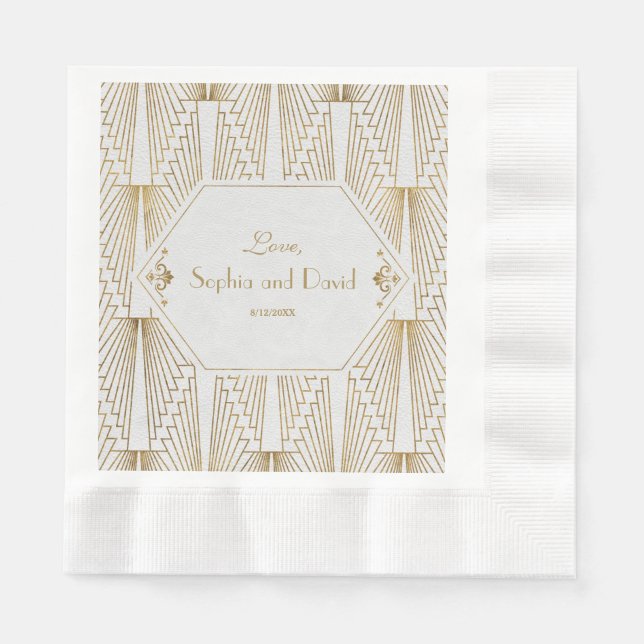 Great Gatsby Art Deco Gold White Wedding Paper Napkins (Front)