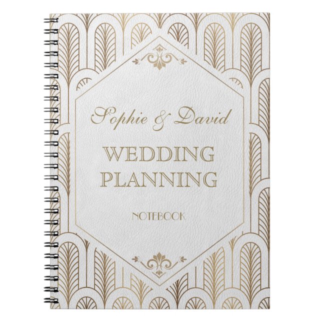 Great Gatsby Art Deco Gold White Wedding Planner Notebook (Front)