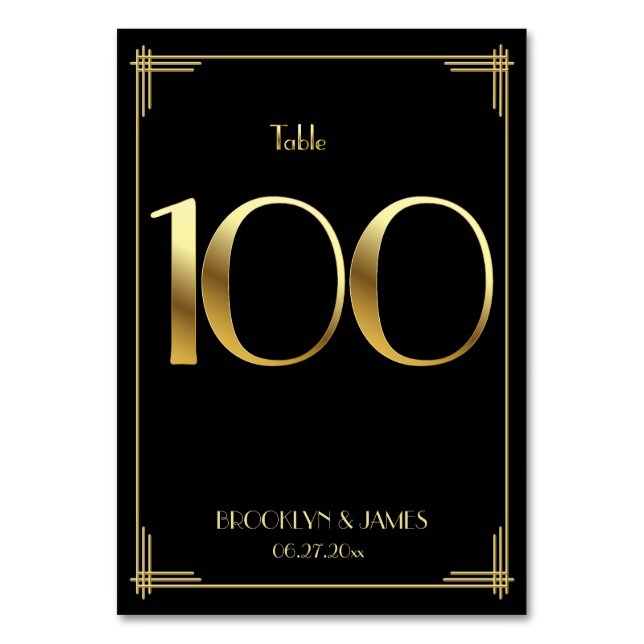 Great Gatsby Art Deco Table Number 100 Gold Black (Front)