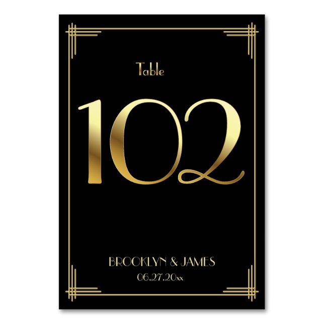 Great Gatsby Art Deco Table Number 102 Gold Black (Front)