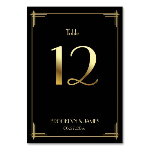 Great Gatsby Art Deco Table Number 12 Gold Black