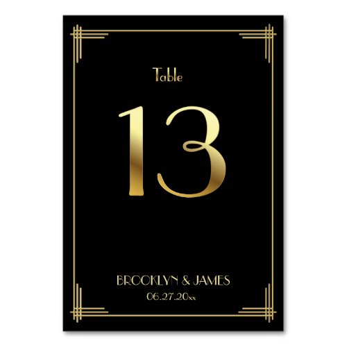Great Gatsby Art Deco Table Number 13 Gold Black