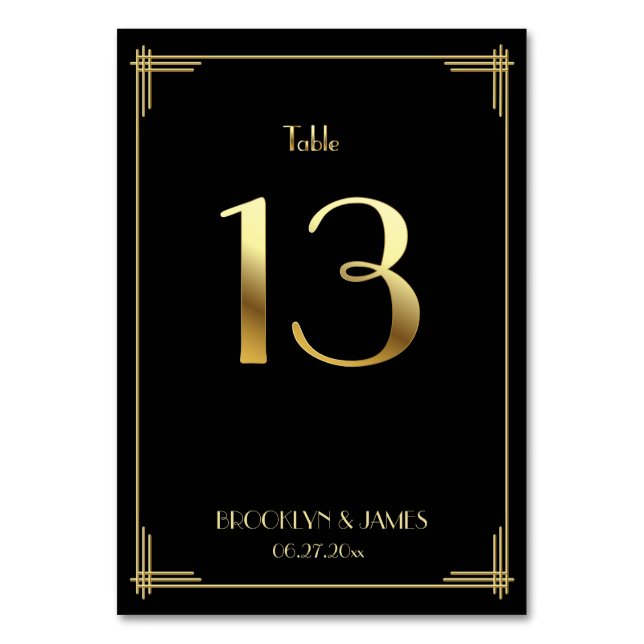 Great Gatsby Art Deco Table Number 13 Gold Black (Front)