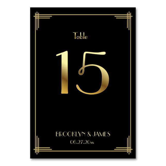 Great Gatsby Art Deco Table Number 15 Gold Black (Front)