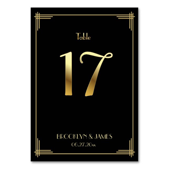 Great Gatsby Art Deco Table Number 17 Gold Black (Front)