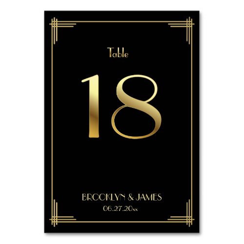 Great Gatsby Art Deco Table Number 18 Gold Black