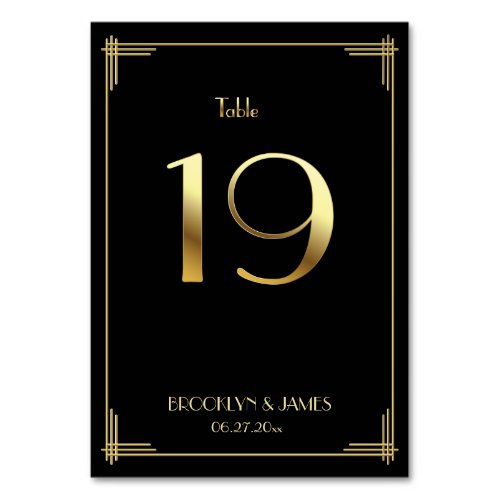 Great Gatsby Art Deco Table Number 19 Gold Black