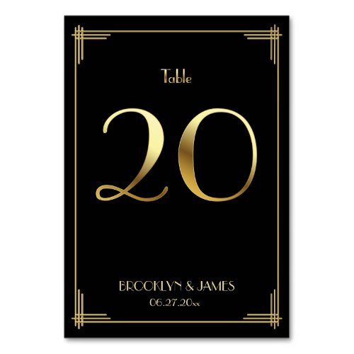 Great Gatsby Art Deco Table Number 20 Gold Black