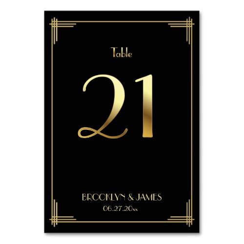 Great Gatsby Art Deco Table Number 21 Gold Black