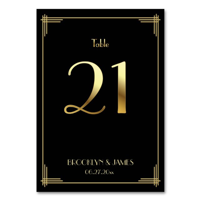 Great Gatsby Art Deco Table Number 21 Gold Black (Front)