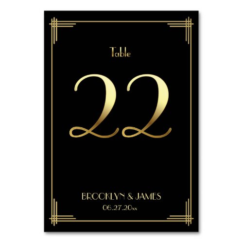 Great Gatsby Art Deco Table Number 22 Gold Black