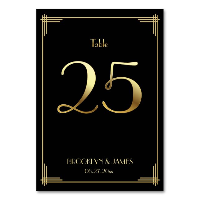 Great Gatsby Art Deco Table Number 25 Gold Black (Front)