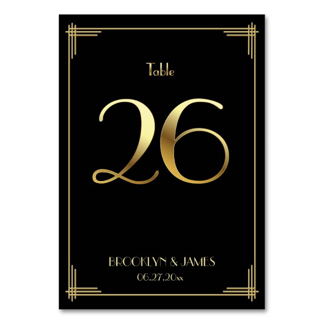 Great Gatsby Art Deco Table Number 26 Gold Black (Front)