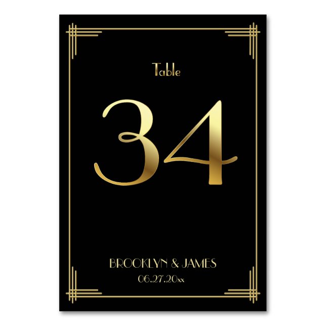 Great Gatsby Art Deco Table Number 34 Gold Black (Front)