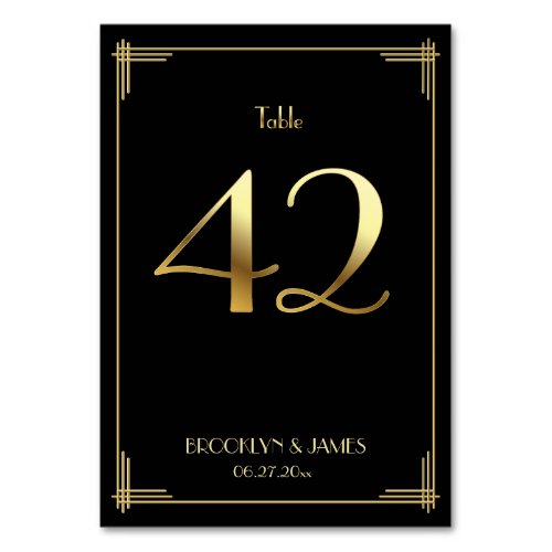 Great Gatsby Art Deco Table Number 42 Gold Black