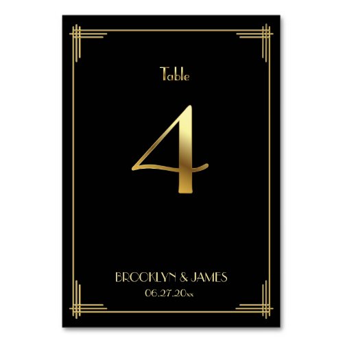 Great Gatsby Art Deco Table Number 4 Gold Black