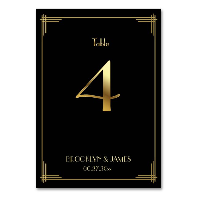Great Gatsby Art Deco Table Number 4 Gold Black (Front)