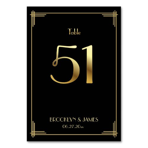 Great Gatsby Art Deco Table Number 51 Gold Black