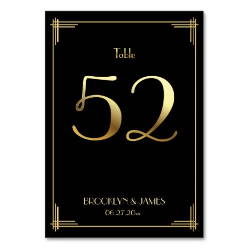 Great Gatsby Art Deco Table Number 52 Gold Black