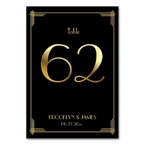 Great Gatsby Art Deco Table Number 62 Gold Black