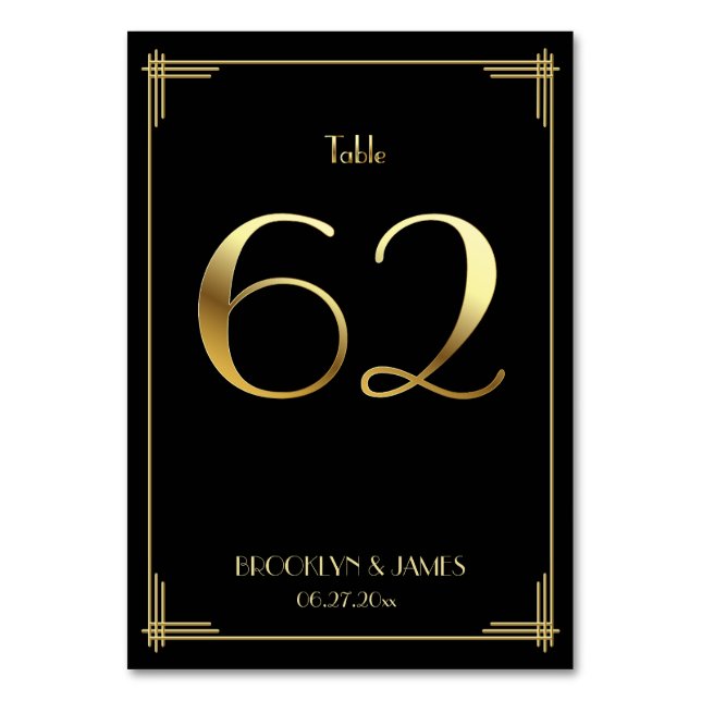 Great Gatsby Art Deco Table Number 62 Gold Black (Front)