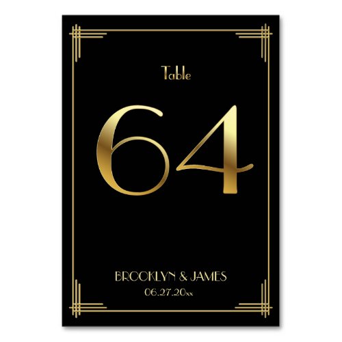 Great Gatsby Art Deco Table Number 64 Gold Black
