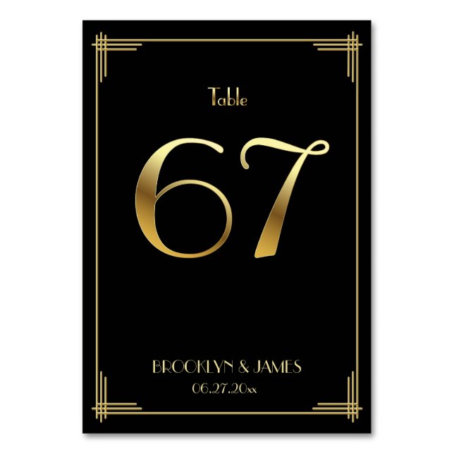 Great Gatsby Art Deco Table Number 67 Gold Black (Front)