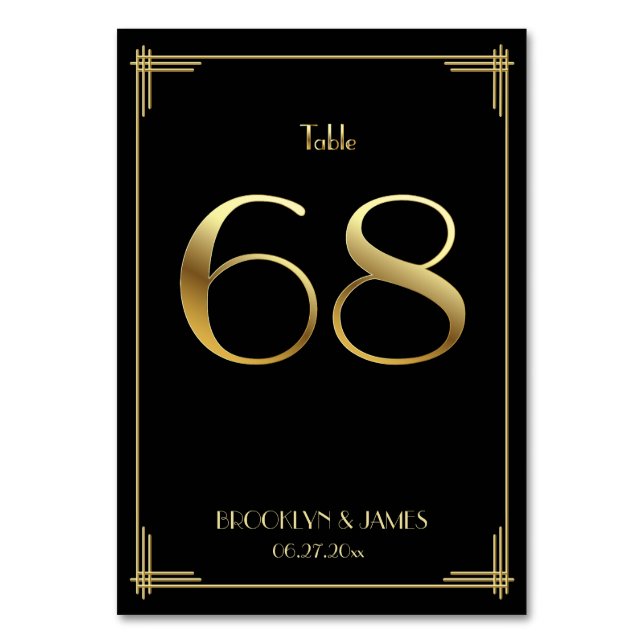 Great Gatsby Art Deco Table Number 68 Gold Black (Front)