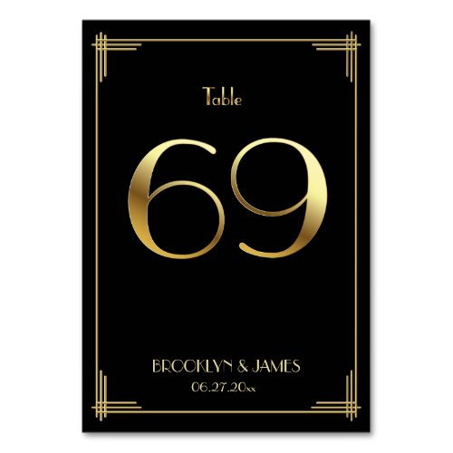 Great Gatsby Art Deco Table Number 69 Gold Black