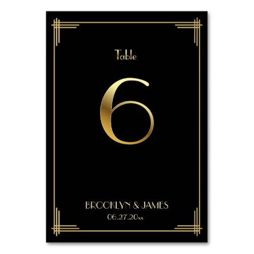 Great Gatsby Art Deco Table Number 6 Gold Black