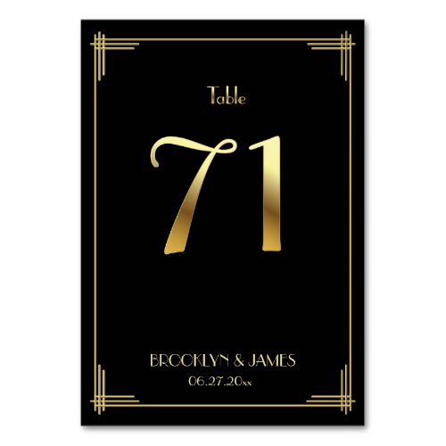 Great Gatsby Art Deco Table Number 71 Gold Black