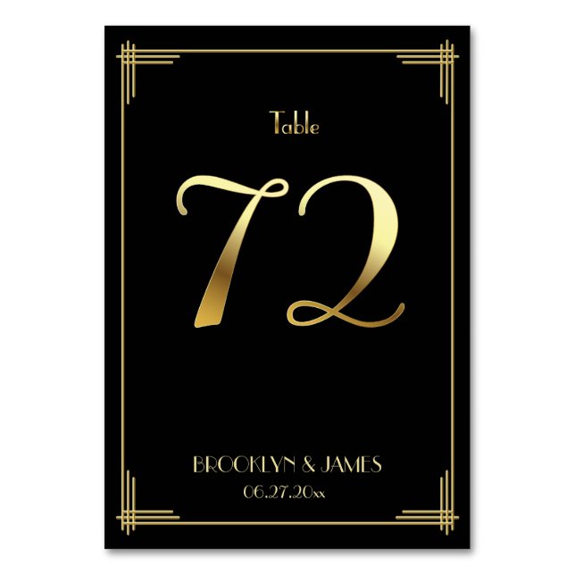 Great Gatsby Art Deco Table Number 72 Gold Black (Front)