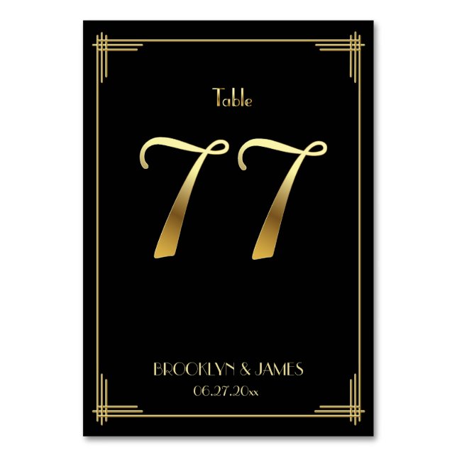 Great Gatsby Art Deco Table Number 77 Gold Black (Front)
