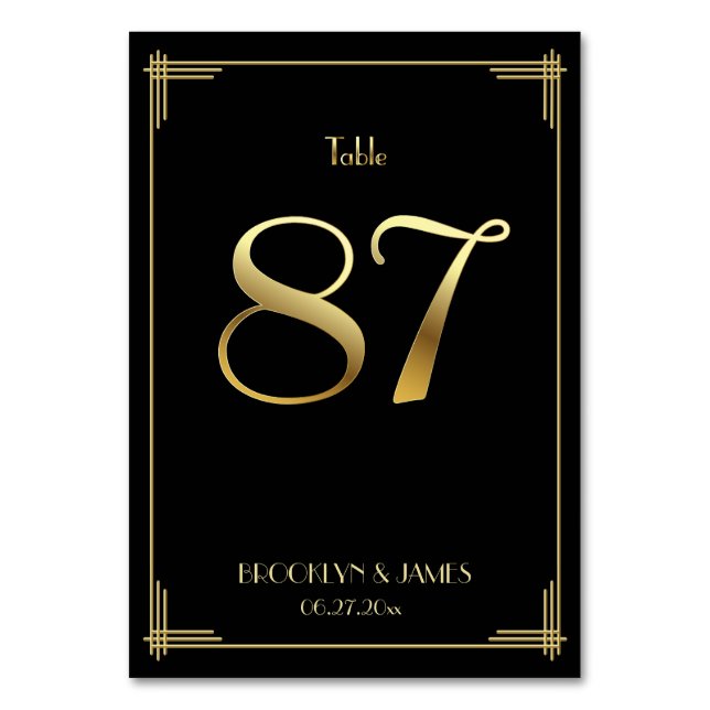 Great Gatsby Art Deco Table Number 87 Gold Black (Front)